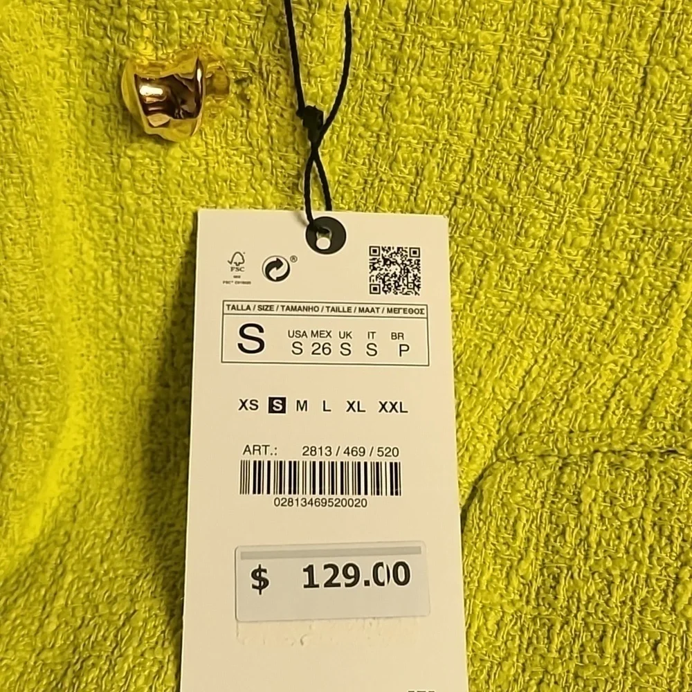 ZARA Women NEW TEXTURED WEAVE BLAZER LONG JACKET LIME GREEN S | 2813/469